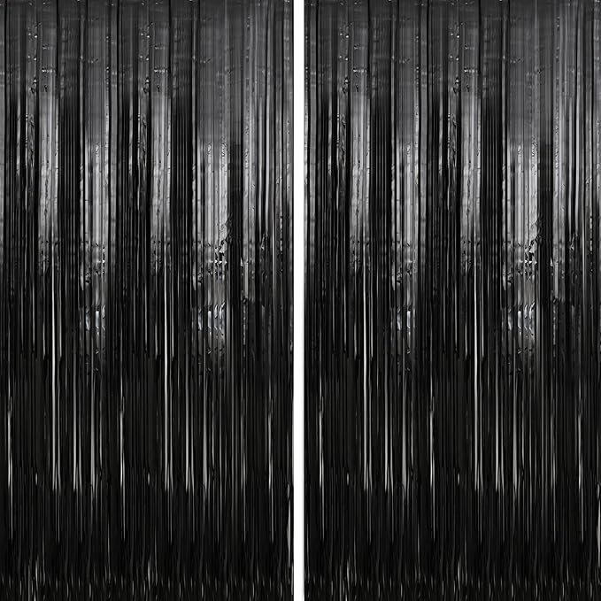 Crosize 2 Pack 3.3 x 9.9 ft Black Foil Fringe Backdrop Curtain, Streamer by Crosize