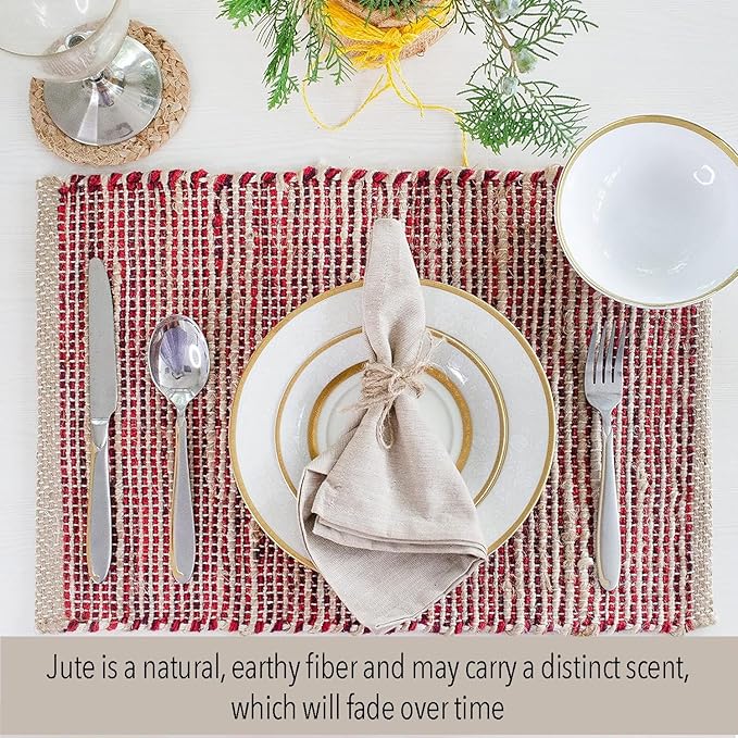 Chardin Home Natural Jute & Red Placemats, 13x19 Inch Dining Table Placemats - Image 2