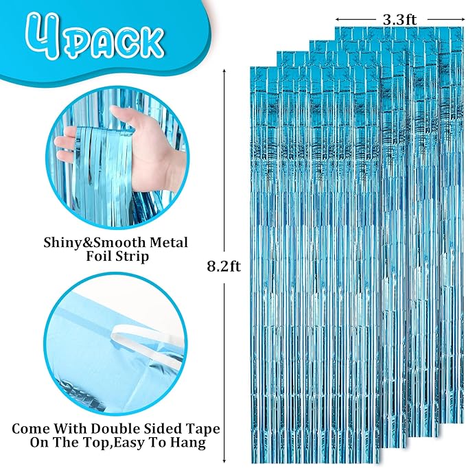 4 Pack 3.3x8.2 Feet Light Blue Foil Fringe Backdrop Curtains, Tinsel Streamers - Image 3