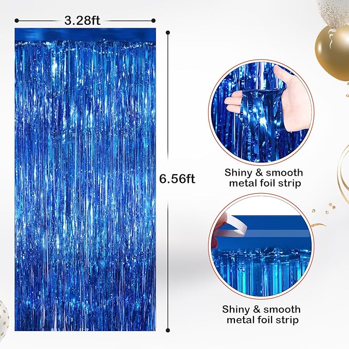 2 Pack Blue Metallic Tinsel Foil Fringe Curtains, Door Streamers Photo Booth - Image 2