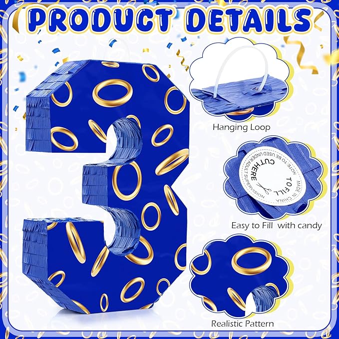 Number 3 Blue and Golden Rings Piñata - Image 3