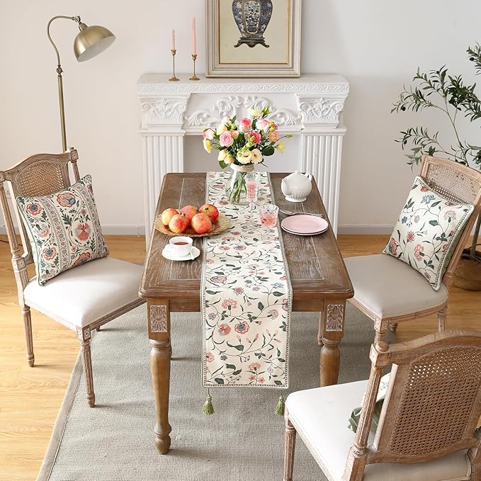 ISAENNE Designer Chinoiserie Elegant Linen Floral Extra Long Table Runner 118 - Image 8