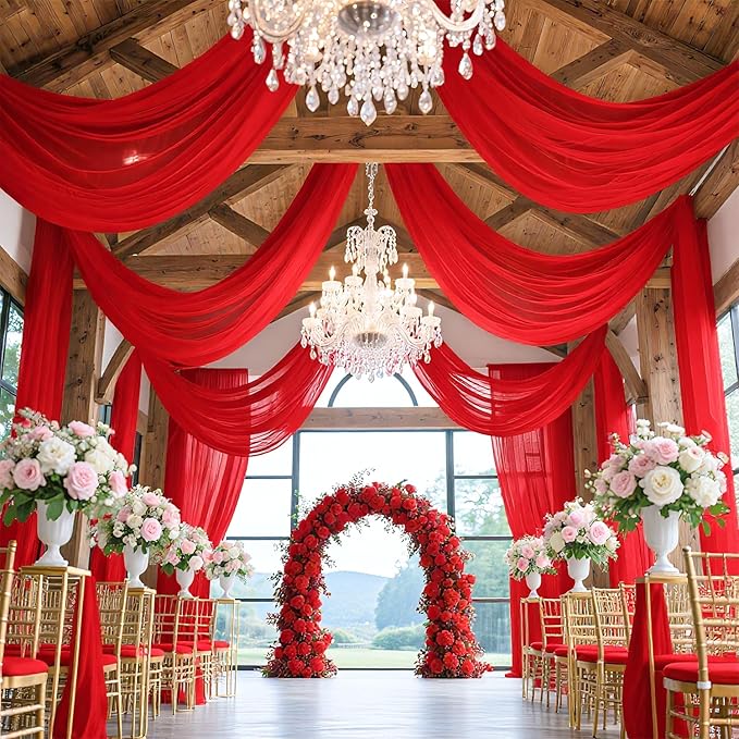 FUHSY Red Ceiling Drapes for Wedding Ceiling Drapes 5FTx20FT 2 Panels Sheer - Image 2