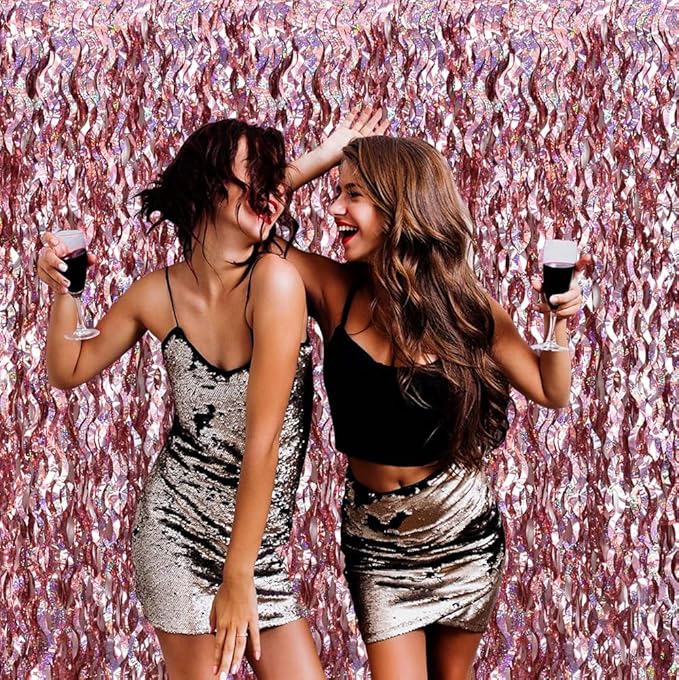 TONIFUL 3Pcs Wavy Metallic Tinsel Foil Fringe Curtains Rose Gold Streamer - Image 6