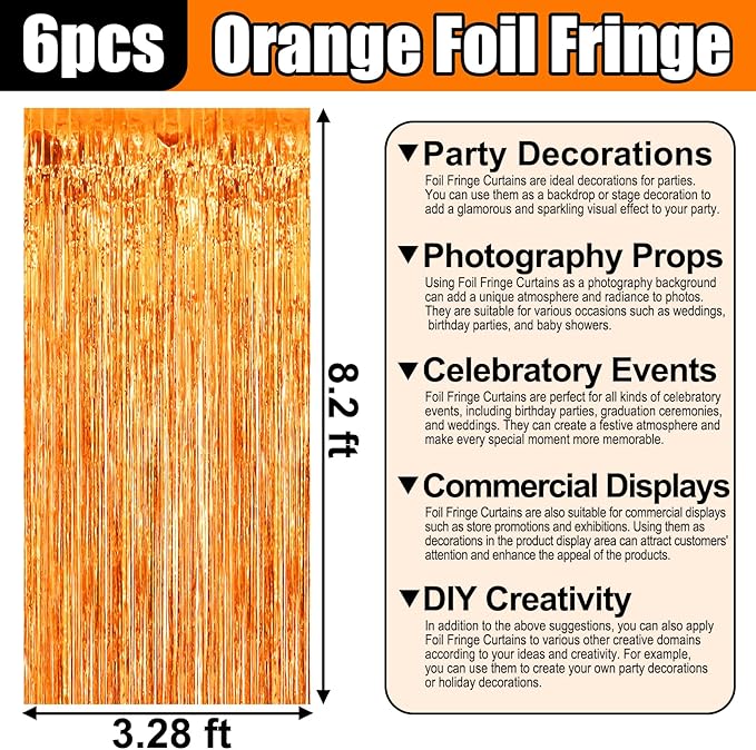 6 Pack Orange Foil Fringe Curtain Backdrop, 3.28Ft x 8.2Ft Metallic Tinsel Foil - Image 2