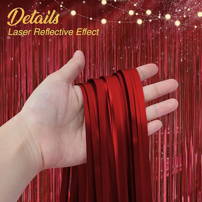 2 Pack Red Fringe Backdrop, 3.2x8.2ft Shining Foil Tinsel Curtains, Birthday - Image 3