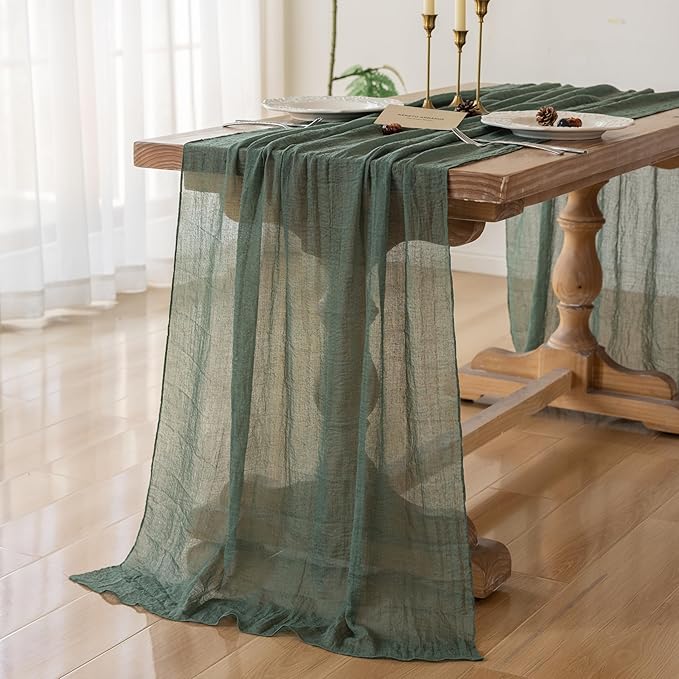 Forest Green Gauze Rustic Cheesecloth Table Runner 120 Inch 10 FT - Image 2