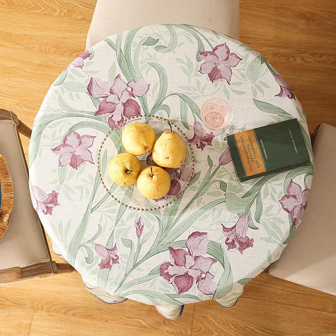 patdrea Designer Linen Small Green Roun Tablecloth, Violets Pattern Vintage - Image 6