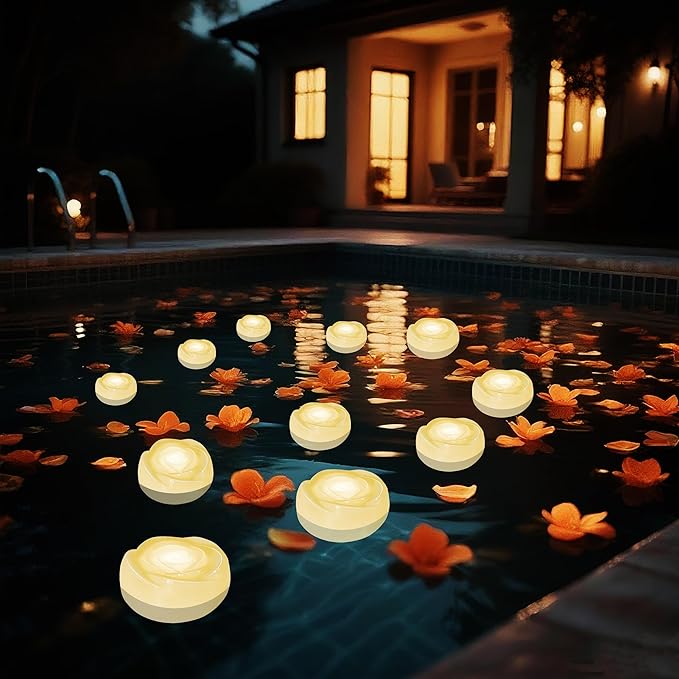Aignis 12pcs Flameless LED Floating Candles, Ivory Rose Plastic Tealights - Image 7
