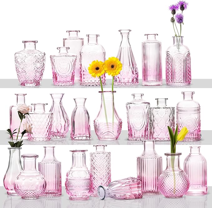 Ollieroo 24Pcs Glass Bud Vases Set, Small Pink Vases in Bulk by Ollieroo