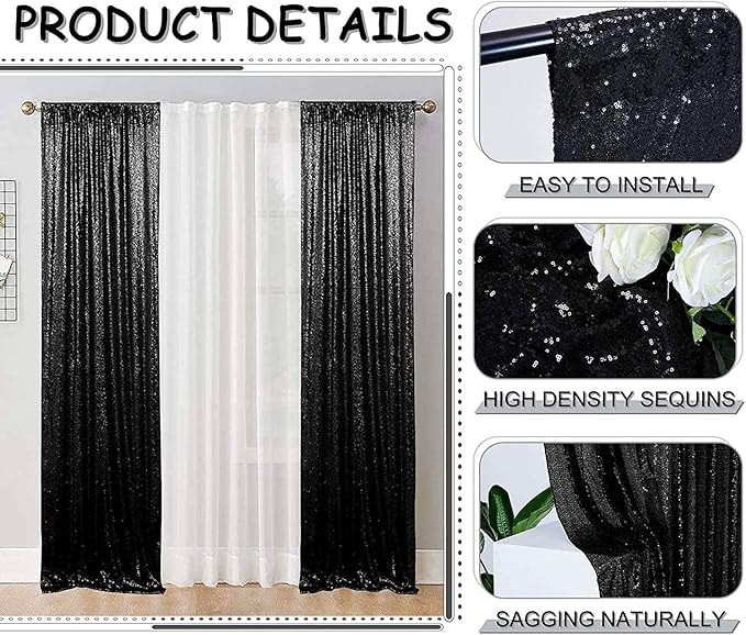 Black Sequin Curtains 4FTx8FT 2 Panels Black Sequin Backdrop - Image 4