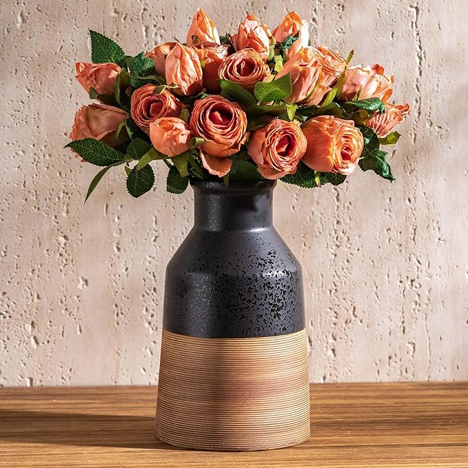 Black and Brown Rustic Farmhouse Floral Ceramic Striped Vase, Modern Antique by SUREYUESI