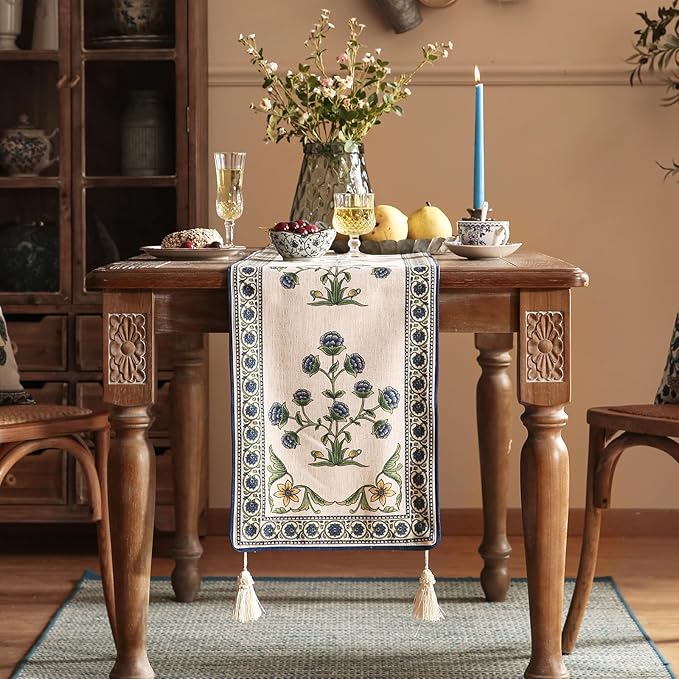 patdrea Designer Blue Rustic Elegant Floral Patterned Linen Table Runner 87 - Image 2