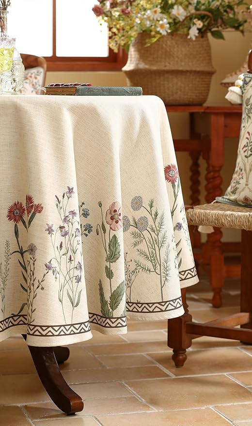 ISAENNE Designer Off White Linen Round Tablecloth, Floral Elegant Table Cloth - Image 5