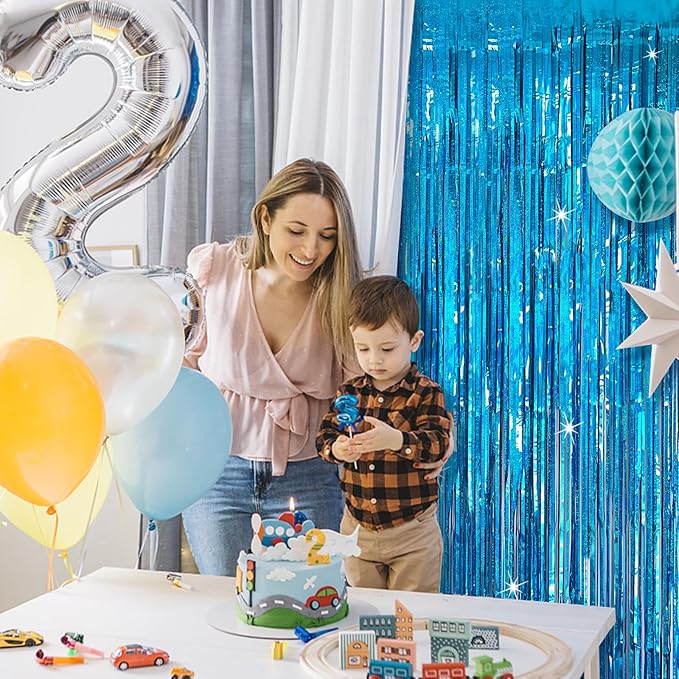 Tinsel Curtain Party Backdrop Blue Birthday Decorations 2 Packs Glitter Foil - Image 5