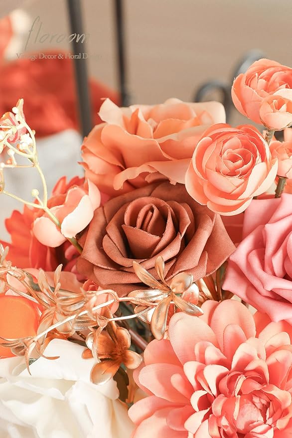 Floroom Terracotta Artificial Flowers Burnt Orange Fake Roses Dahlias and - Image 3