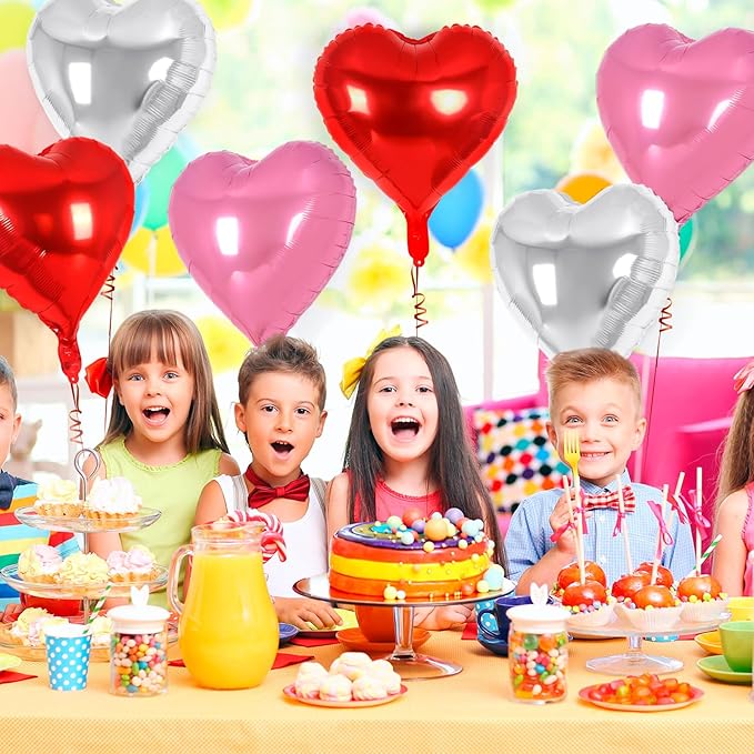 24 Pcs Red Pink Silver Heart Balloons, 18 inch Heart Foil Balloons Love - Image 6
