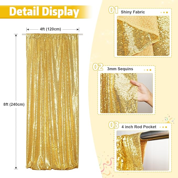 Poise3EHome 4x8ft Gold Sequin Backdrop, Upgrade Shimmer Backdrop - Image 3