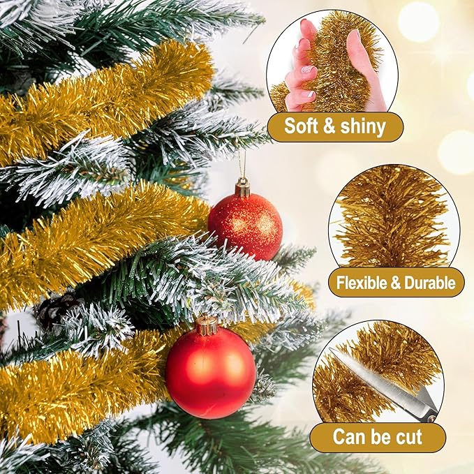 50 Feet Champagne Gold Christmas Tinsel Garland, Metallic Foil Twist Garland - Image 3