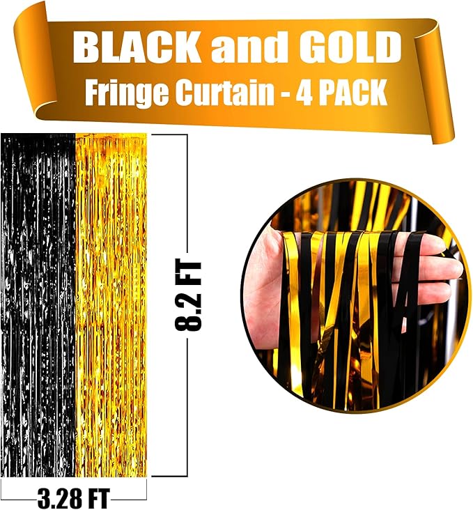 4 Pack Black Gold Foil Fringe Curtain Backdrop, 3.28Ft x 8.2Ft Metallic Tinsel - Image 2