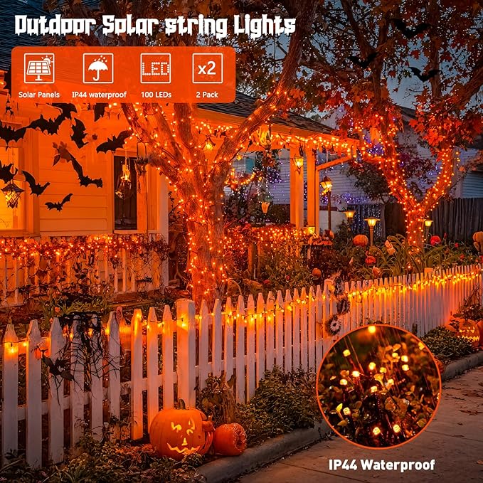 JMEXSUSS 2 Pack Orange Halloween Lights: 100 LED 33ft Solar Halloween Lights - Image 5