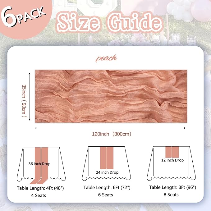 6 Pack Peach Cheesecloth Table Runner 10ft Boho Gauze Fabric Cheese Cloth Table - Image 2