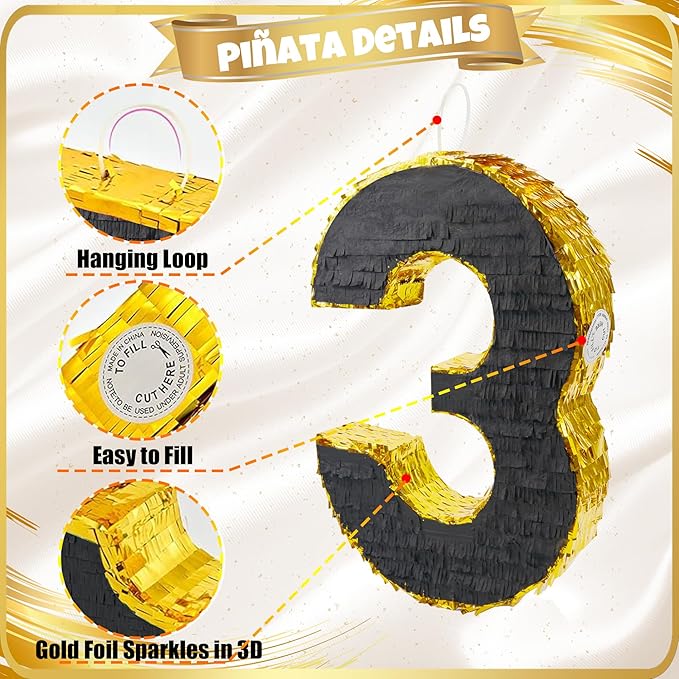 PCFING 20 Inch Number 3 Piñata Gold Black - Image 4
