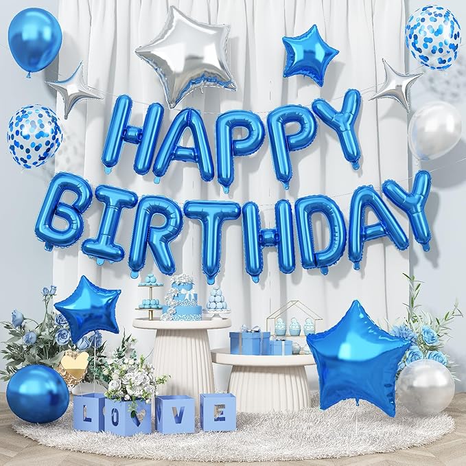 Happy Birthday Balloon Banner Blue Silver, 16 Inch Mylar Foil Letter Balloons by Togvu