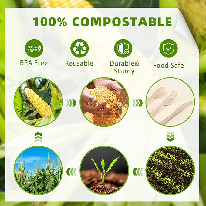 100% Compostable Silverware, Light Brown Plastic Silverware 100 Forks 100 - Image 7