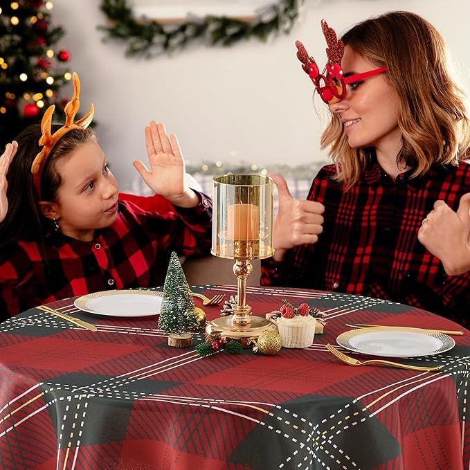 Christmas Tablecloth Round 60 Inch Waterproof, Machine Washable Checkered - Image 6