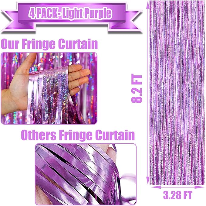 4 Pack Light Purple Tinsel Foil Fringe Curtain Backdrop, 3.28Ft x 8.2Ft - Image 2