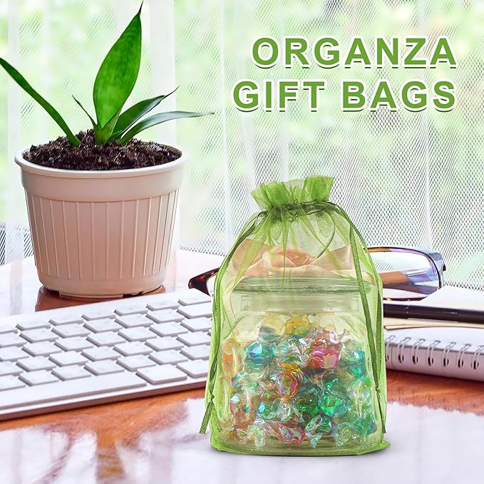 ANZNKU 100 Pack Green Organza Bags 6x9 inches Mesh Bags Drawstring, Sheer - Image 5