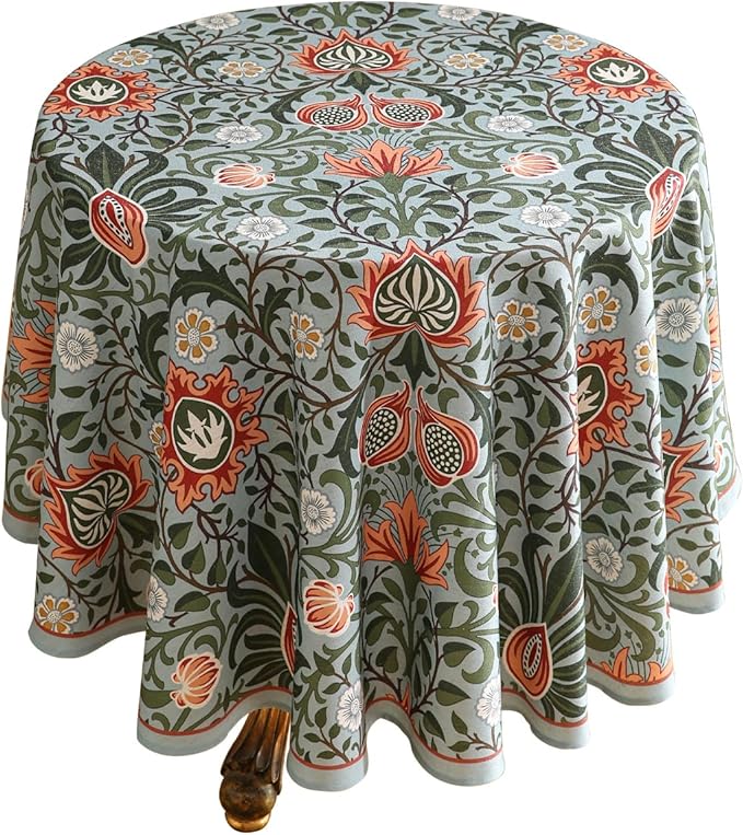 ISAENNE Designer Bohemian Linen Green Round Tablecloth, Floral Indoor Table by Isaennehomedecoration