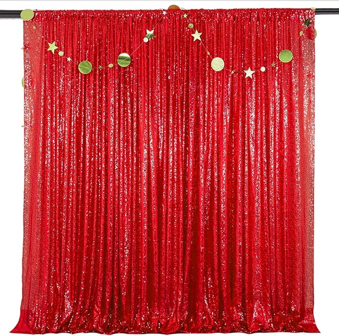 Red Sequin Backdrop Curtain 2FTX8FT 2 Panels Sparkly Backdrop Drapes Polyester - Image 2