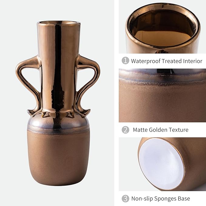 Gold Ceramic Vase with Handles, Modern Amber Tall Centerpiece Floral Large Vases - Image 5