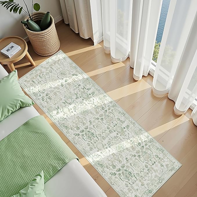Green 3x10 Runner Rug for Hallways Bed Side Kitchen, Boho Washable Distressed - Image 5