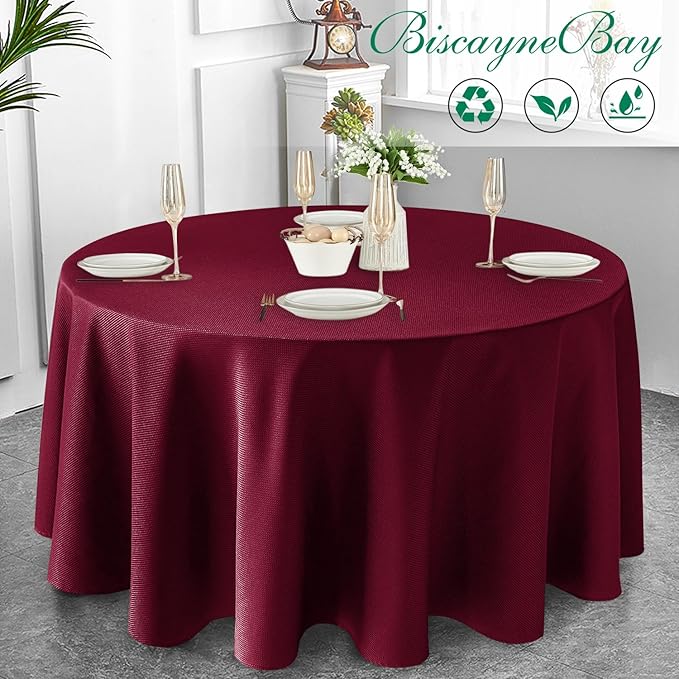 Biscaynebay Textured Fabric Christmas Round Table Cloth 90", Burgundy Water - Image 6
