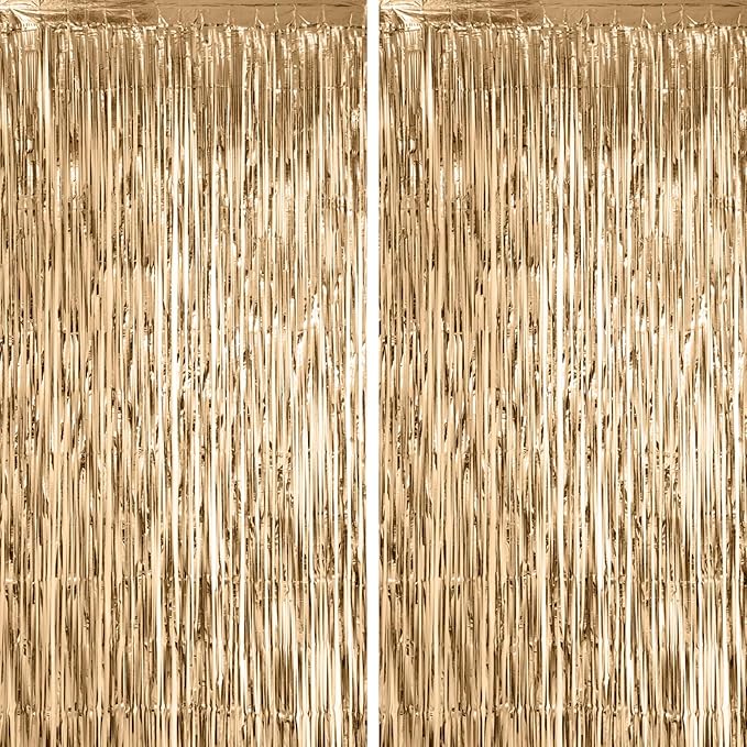2 Pack Champagne Foil Fringe Backdrop Curtains, Tinsel Streamers Birthday Party by Voircoloria