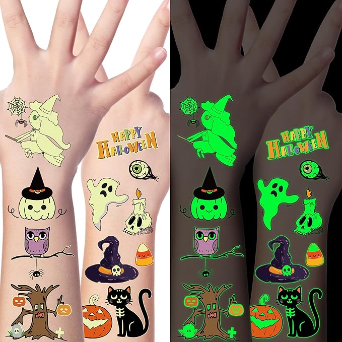 145 Styles Halloween Tattoos for Kids, Glow in Dark Ghosts Pumpkin Fake by Huskein