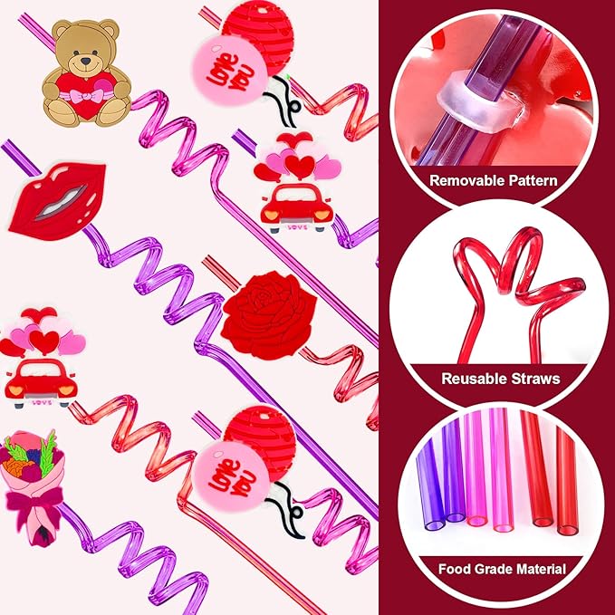 24 Valentines Reusable Party Drinking Straws Birthday Party Supplies Decorations - Image 2