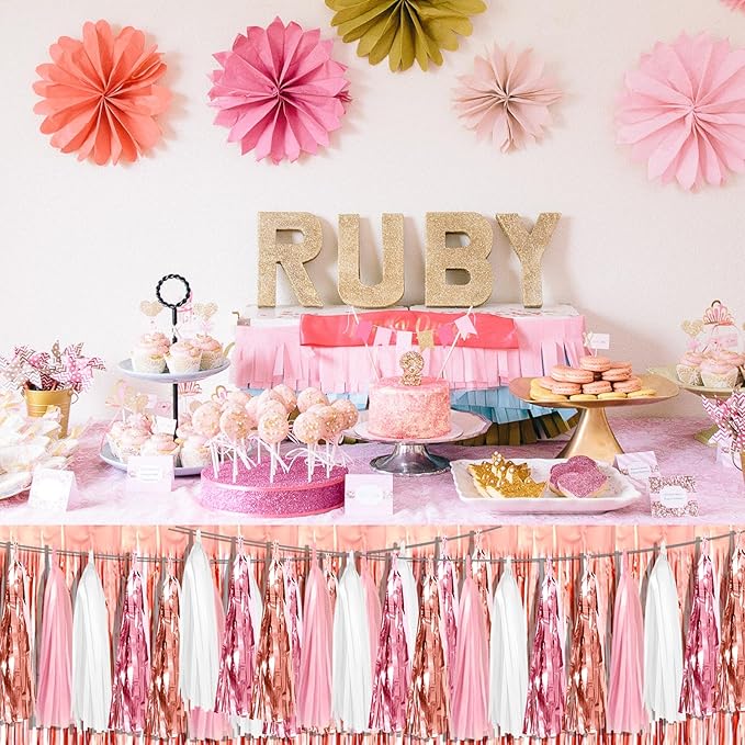6P Pink White Peach Rose Gold Tassels Foil Fringe Metallic Garland Banner - Image 4