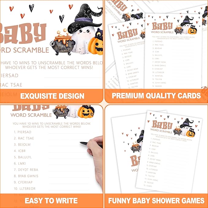 Baby Shower Games, Halloween Baby Word Scramble, 25 Double-Sided Game Cards + 1 - Image 3