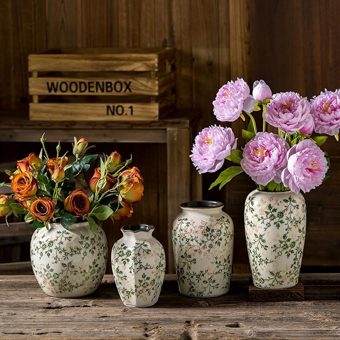 Vintage Green and Beige Round Pastoral Vase, Round Ceramic Floral Vases - Image 6