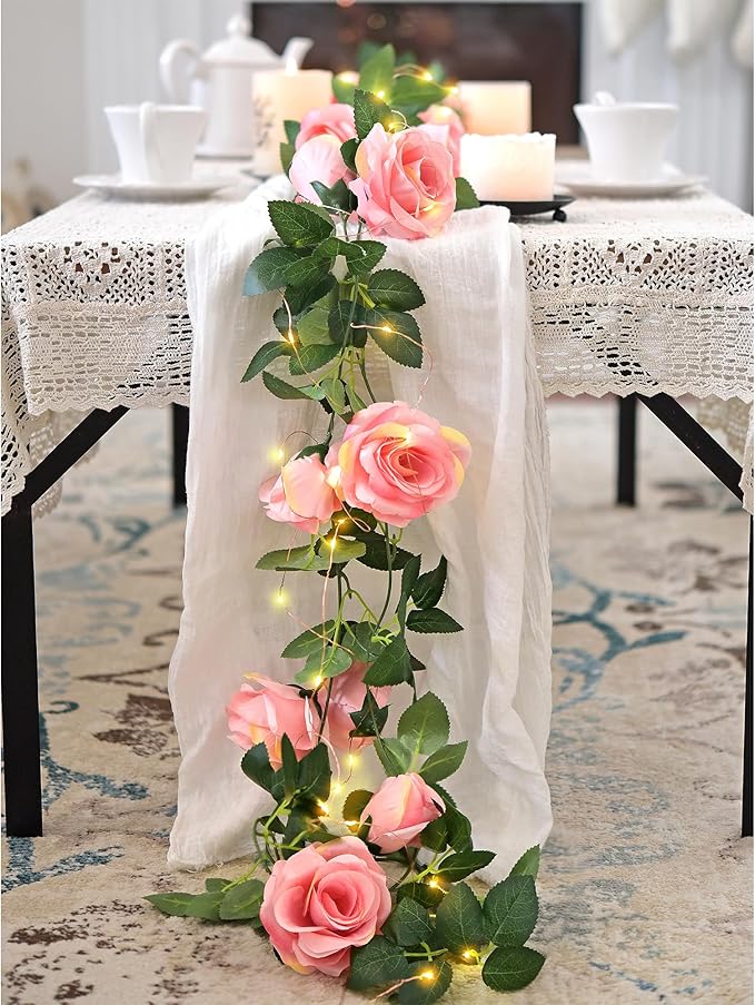 FiveSeasonStuff 29 Ft 4 Pack Amaranth Light Pink Rose Silk Flower Garland - Image 7