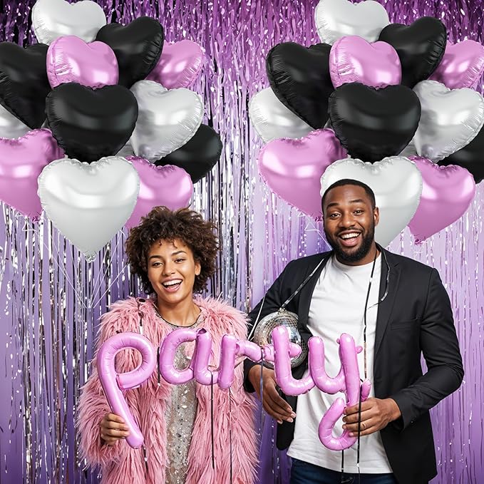 Black Purple Silver Heart Balloons - Image 3
