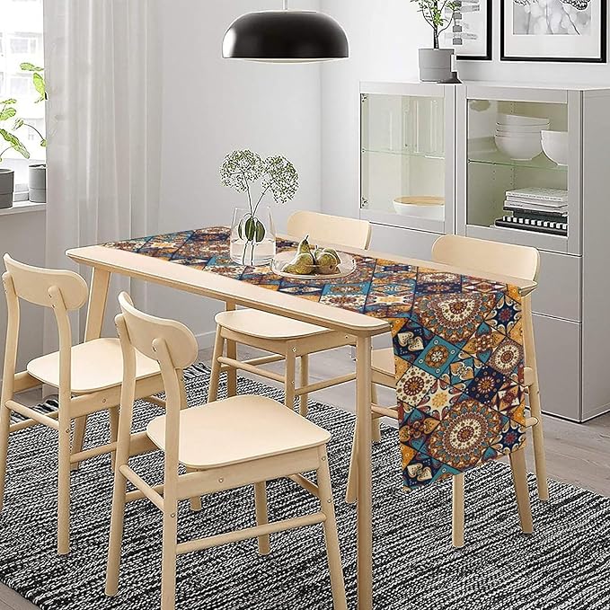 Vintage Mandala Table Runner, Bohemian Brown Blue Tile Traditional Indian - Image 3