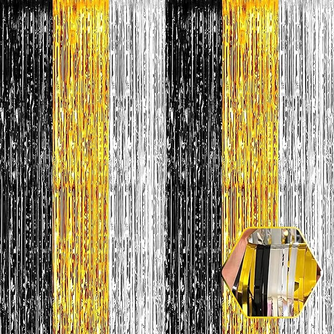 6 Pack Black Gold Silver Foil Fringe Curtain Backdrop, 3.28Ft x 8.2Ft Metallic by Ferwzsr
