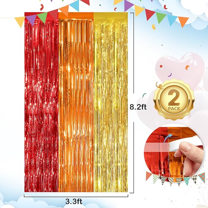 red orange gold Fringe Curtain Party Streamers 2Pack 3.3 x 8.3 Ft Foil Fringe - Image 2