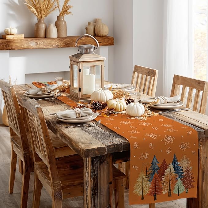 GEEORY Fall Watercolor Trees & Maple Leaves Table Runner 13x120 Inch, Rustic - Image 7