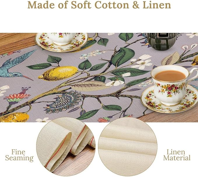 Table Runner with Flowers and Birds, Spring Plant Flowers Table Decoration - Image 7